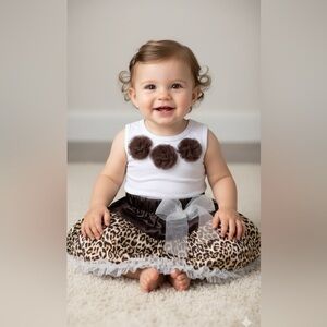 🐆Baby Girl White&Mocha Leopard Print Boho Satin Tutu Set -Size 12-18 Mths